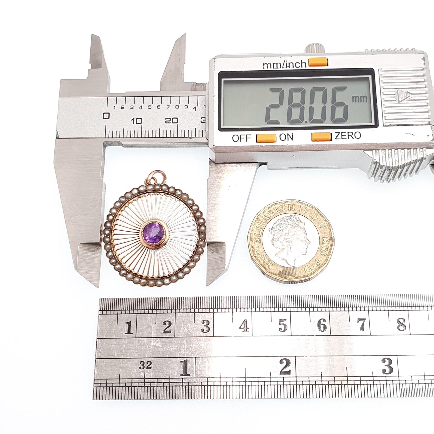 Antique 9ct 9k Gold Amethyst Pendant Wheel Necklace Seed Pearl Edwardian Spiral Swirl Openwork Vintage Jewellery Jewelry