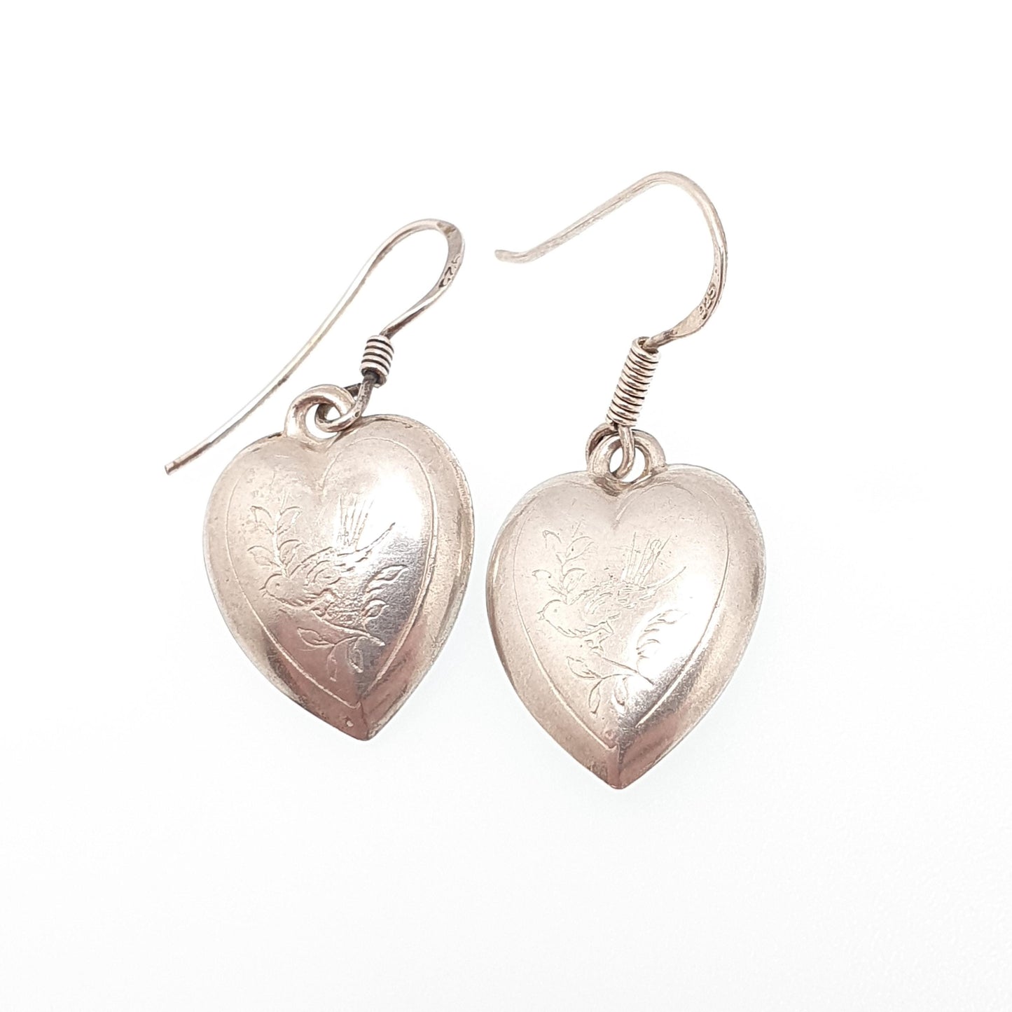 Antique Victorian Solid Silver Heart Bird Earrings Engraved Songbird Hook Dangle Womens Jewelry Vintage Jewellery