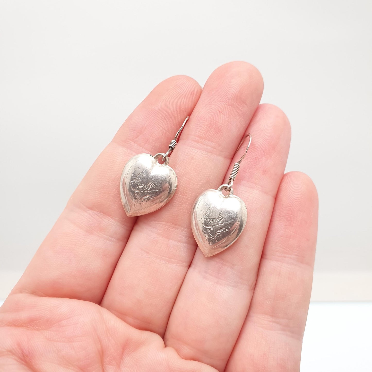 Antique Victorian Solid Silver Heart Bird Earrings Engraved Songbird Hook Dangle Womens Jewelry Vintage Jewellery