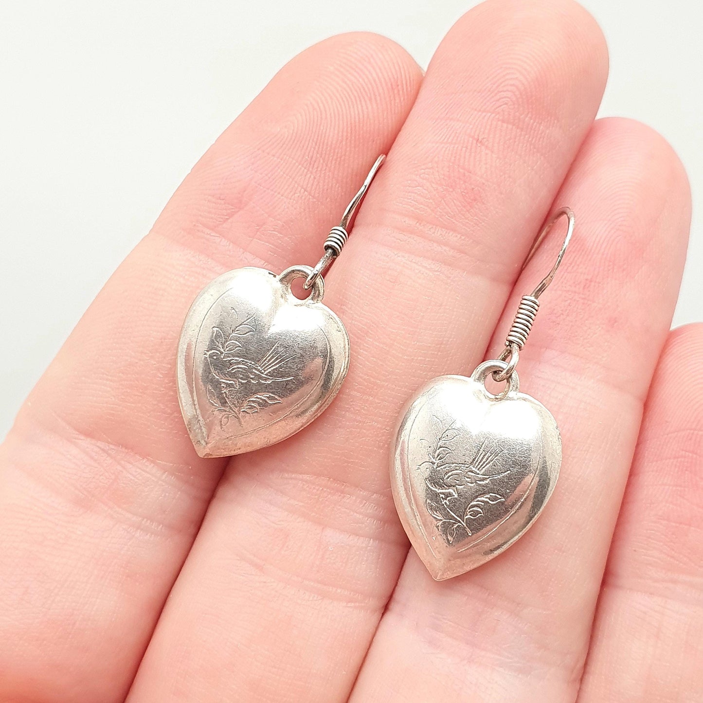 Antique Victorian Solid Silver Heart Bird Earrings Engraved Songbird Hook Dangle Womens Jewelry Vintage Jewellery