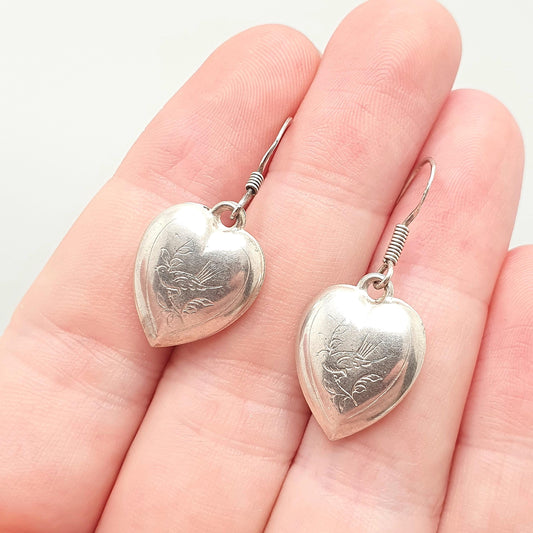 Antique Victorian Solid Silver Heart Bird Earrings Engraved Songbird Hook Dangle Womens Jewelry Vintage Jewellery