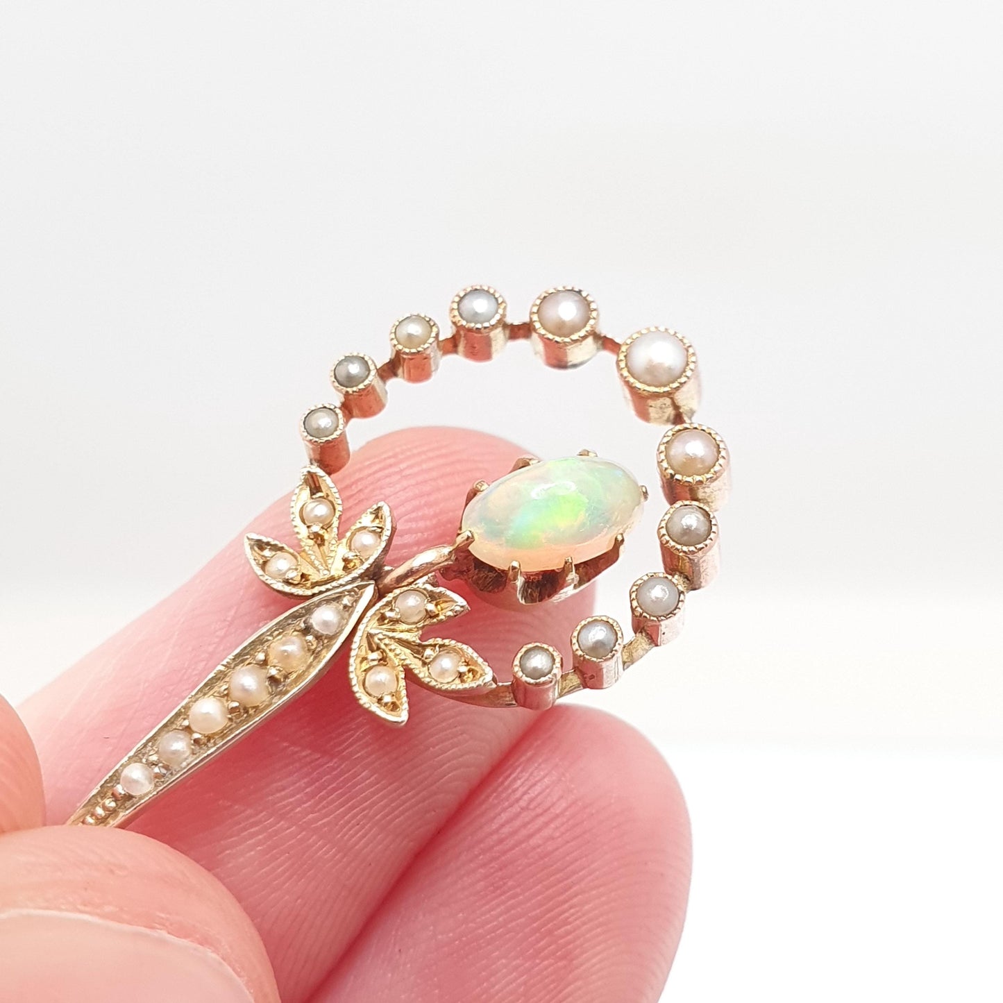 Antique 9ct Gold Opal Pendant Necklace Seed Pearl Solid 9k 9kt Natural Gemstone Womens Vintage Jewelry Jewellery