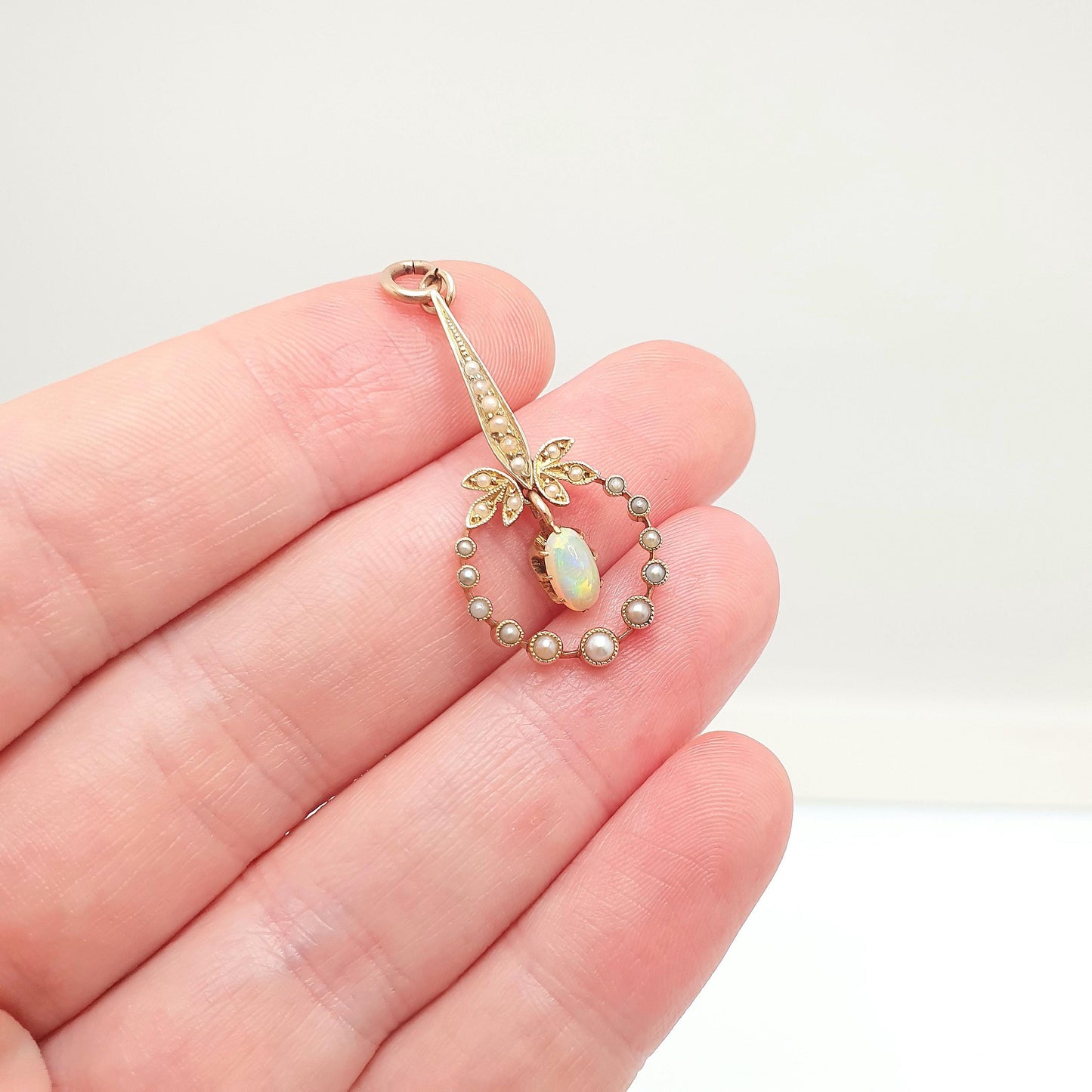 Antique 9ct Gold Opal Pendant Necklace Seed Pearl Solid 9k 9kt Natural Gemstone Womens Vintage Jewelry Jewellery