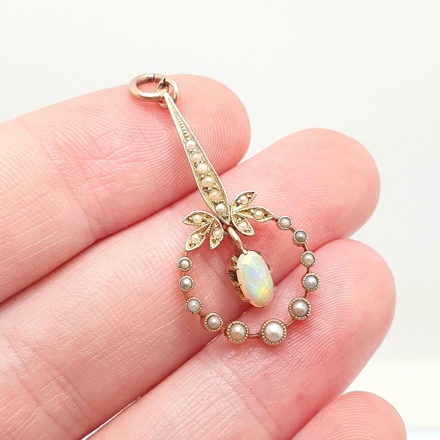 Antique 9ct Gold Opal Pendant Necklace Seed Pearl Solid 9k 9kt Natural Gemstone Womens Vintage Jewelry Jewellery
