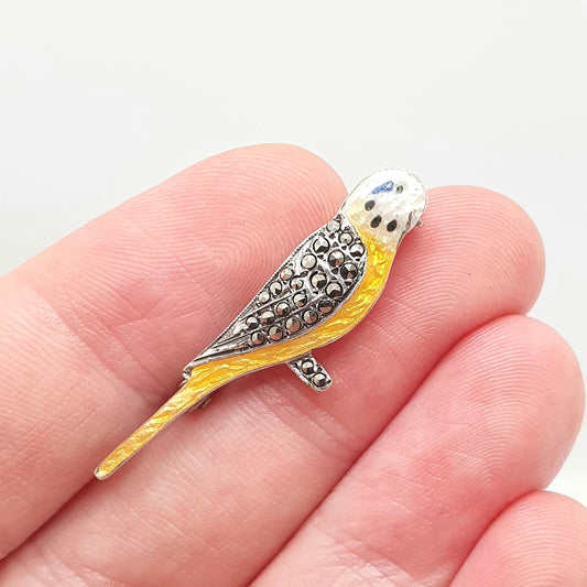 Antique Sterling Silver Budgie Brooch Enamel Bird Marcasite Art Deco Yellow Parakeet Vintage Ladies Womens Jewelry