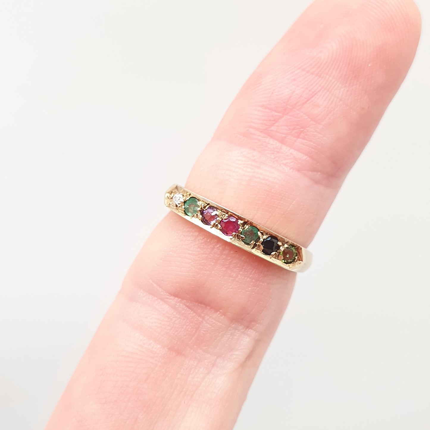 Vintage 9ct Gold DEAREST Ring Diamond Emerald Amethyst Ruby Sapphire Tourmaline Band Stacker Solid 9k 9kt Half Eternity