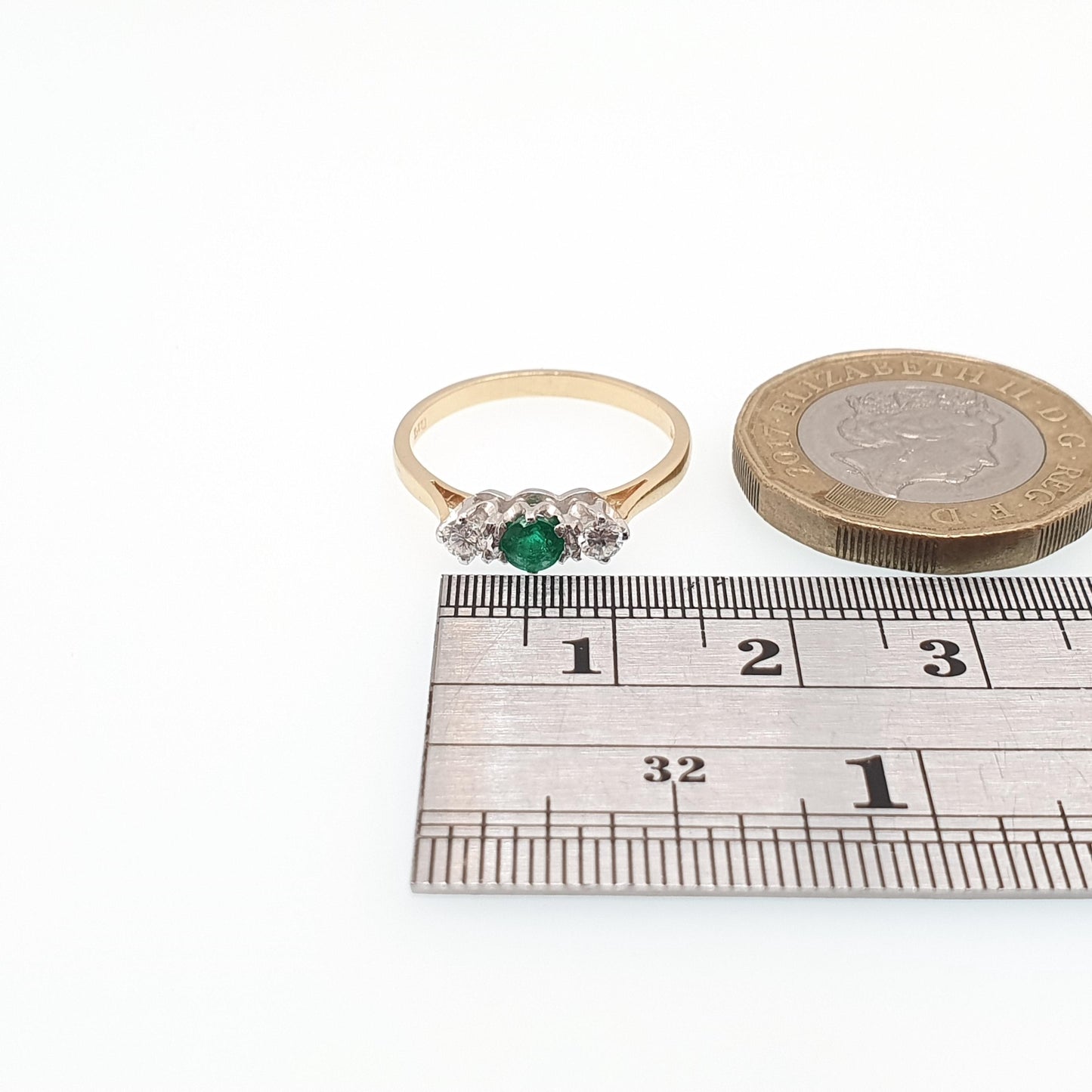 Vintage 18ct Gold Diamond & Emerald Ring Trilogy Solid 18k 18kt 750 Natural Gemstones Jewelry Jewellery