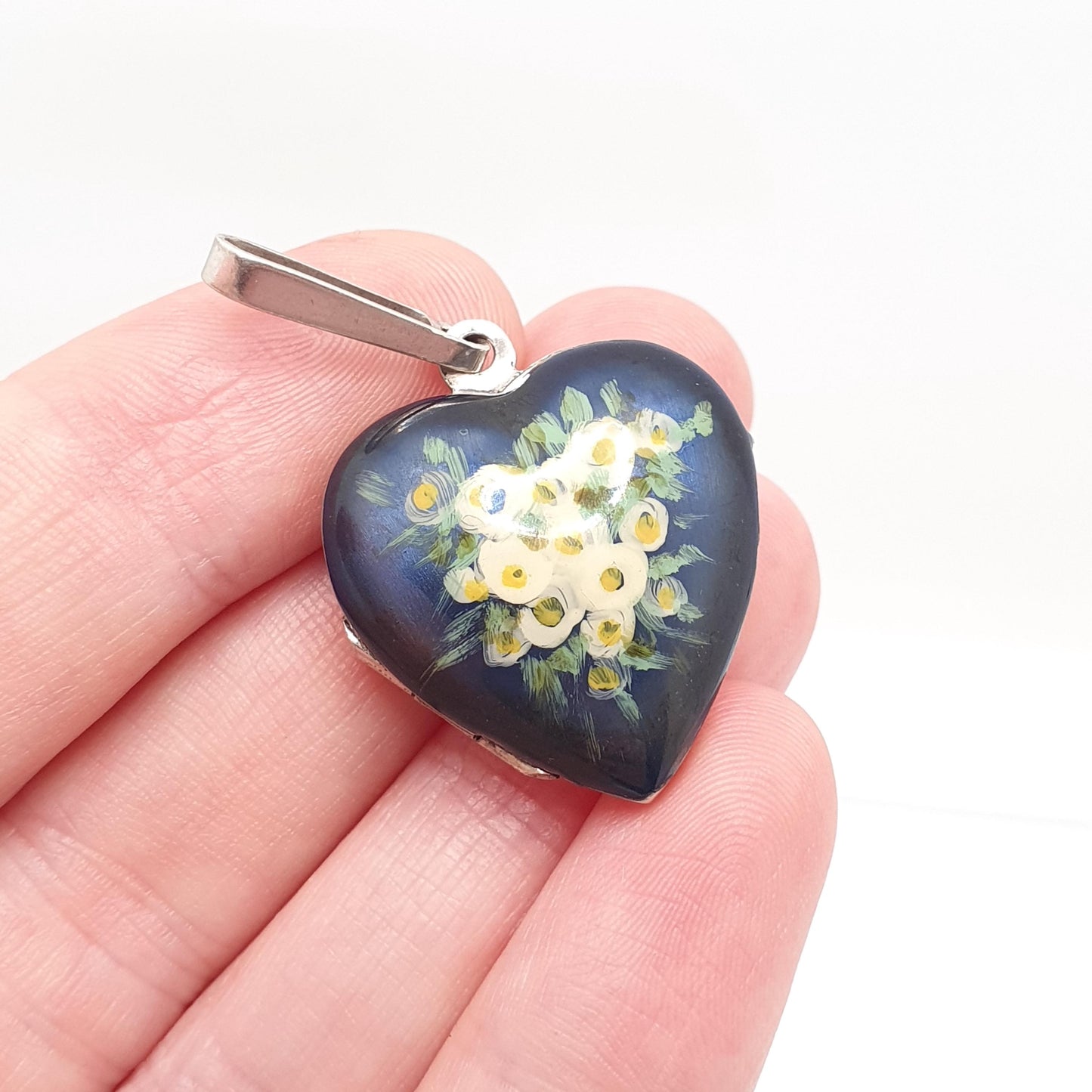 Vintage Solid Silver Enamel Heart Locket Hand Painted Navy Dark Blue Flowers Pendant Photo Picture Solid 925 Jewelry Jewellery
