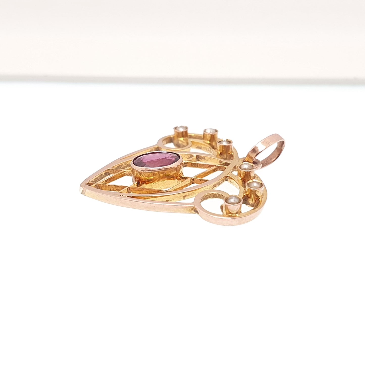 Antique 9ct Gold Heart Pendant Garnet Seed Pearl Necklace Solid 9k 375 Edwardian Hanging Openwork Vintage Womens Jewellery Jewelry