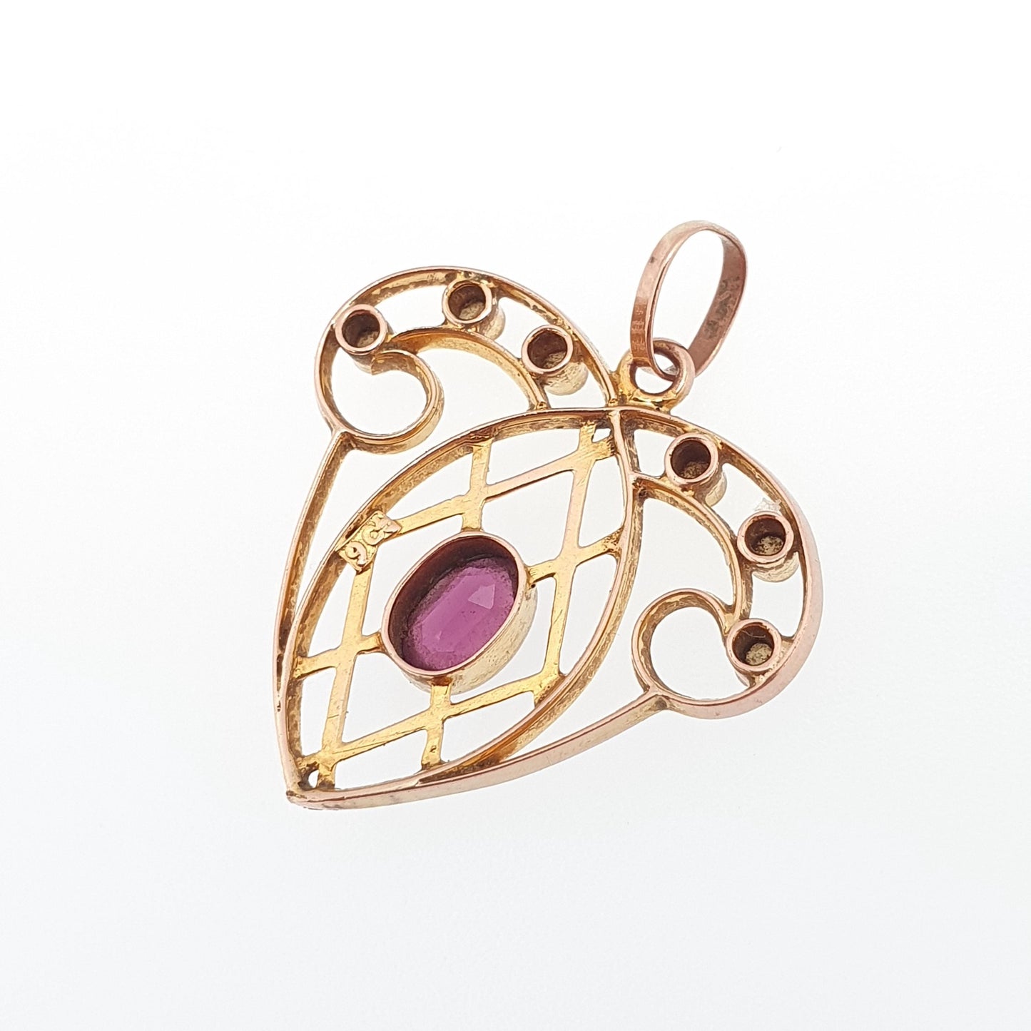 Antique 9ct Gold Heart Pendant Garnet Seed Pearl Necklace Solid 9k 375 Edwardian Hanging Openwork Vintage Womens Jewellery Jewelry