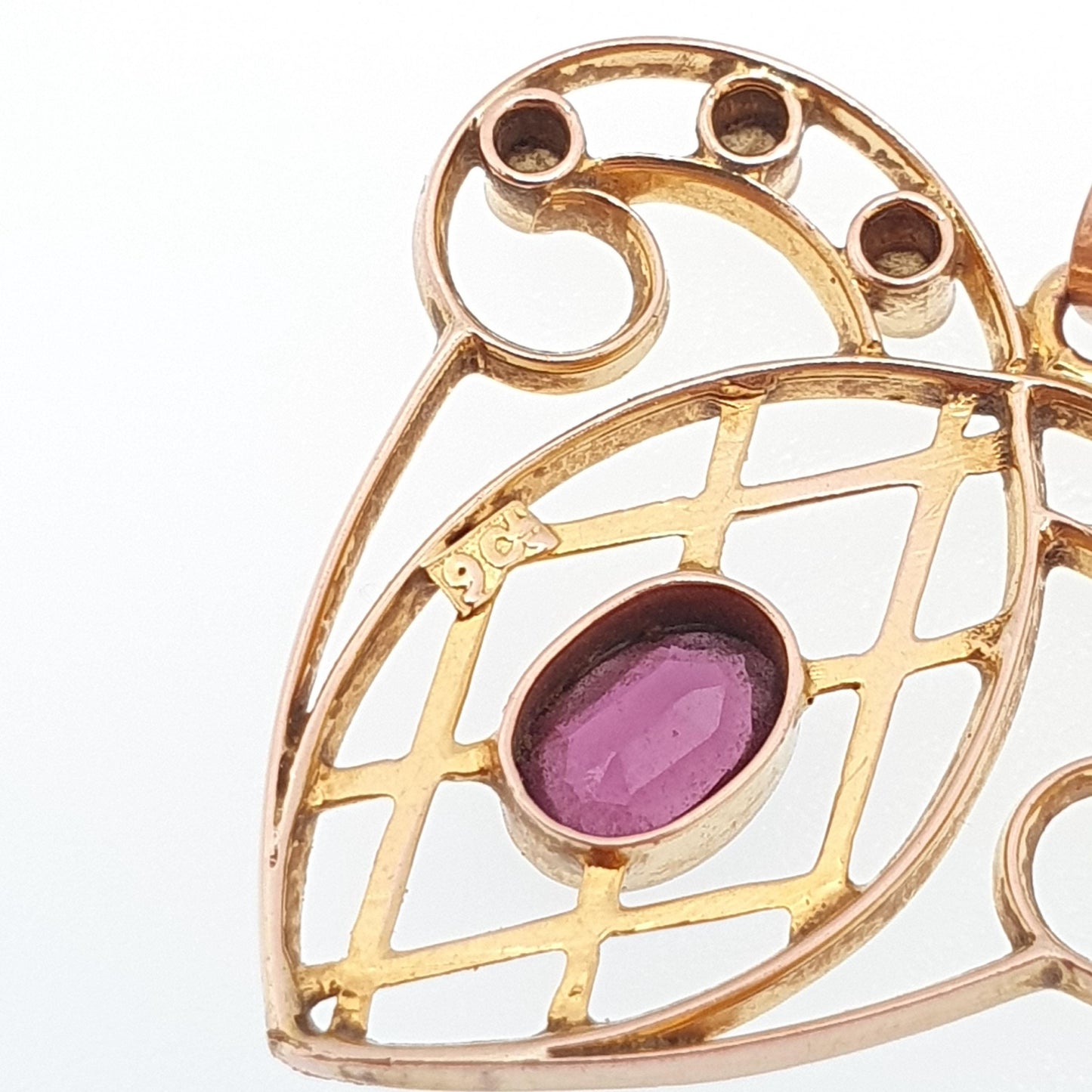 Antique 9ct Gold Heart Pendant Garnet Seed Pearl Necklace Solid 9k 375 Edwardian Hanging Openwork Vintage Womens Jewellery Jewelry