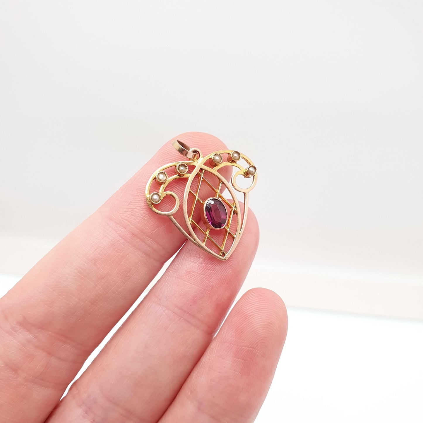 Antique 9ct Gold Heart Pendant Garnet Seed Pearl Necklace Solid 9k 375 Edwardian Hanging Openwork Vintage Womens Jewellery Jewelry