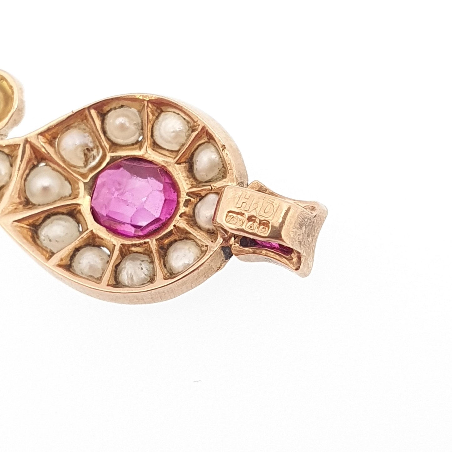 Antique Victorian 18ct 18k Gold Ruby Pearl Necklace Pendant Victorian Teardrop Solid 750 Vintage Jewelry Jewellery