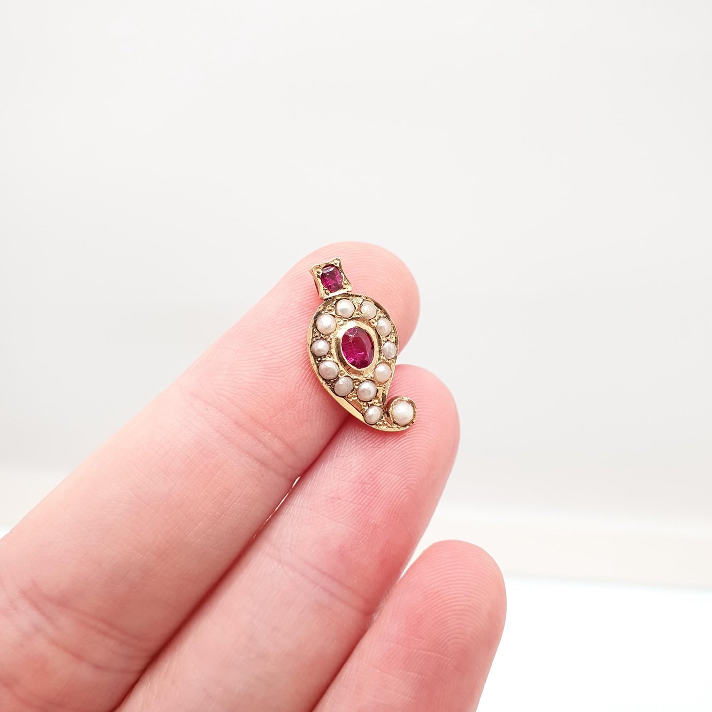 Antique Victorian 18ct 18k Gold Ruby Pearl Necklace Pendant Victorian Teardrop Solid 750 Vintage Jewelry Jewellery