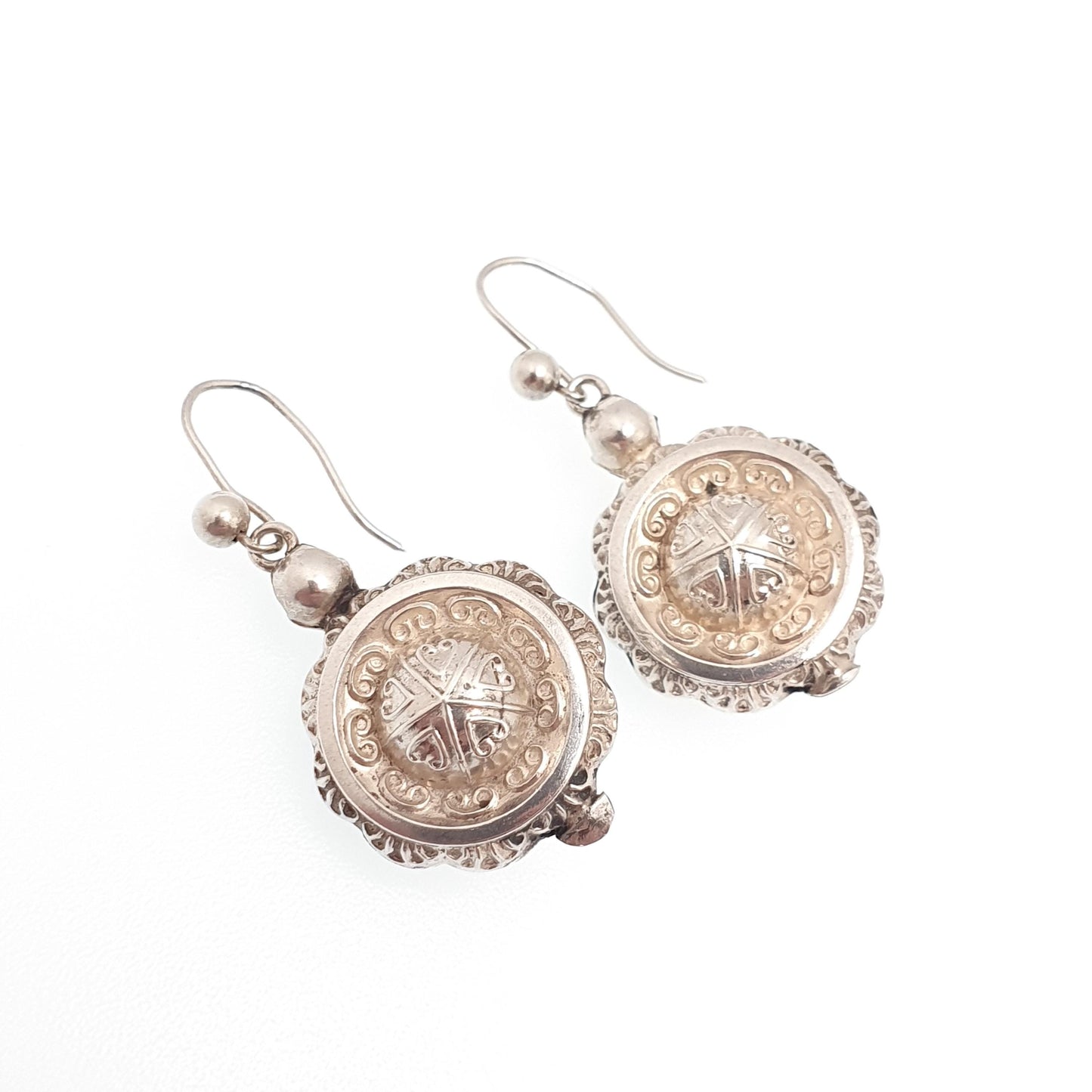 Antique Solid Silver Victorian Earrings Etruscan Centre Hook Dangle Aesthetic Drop Genuine 1800s Womens Vintage Jewelry Jewellery