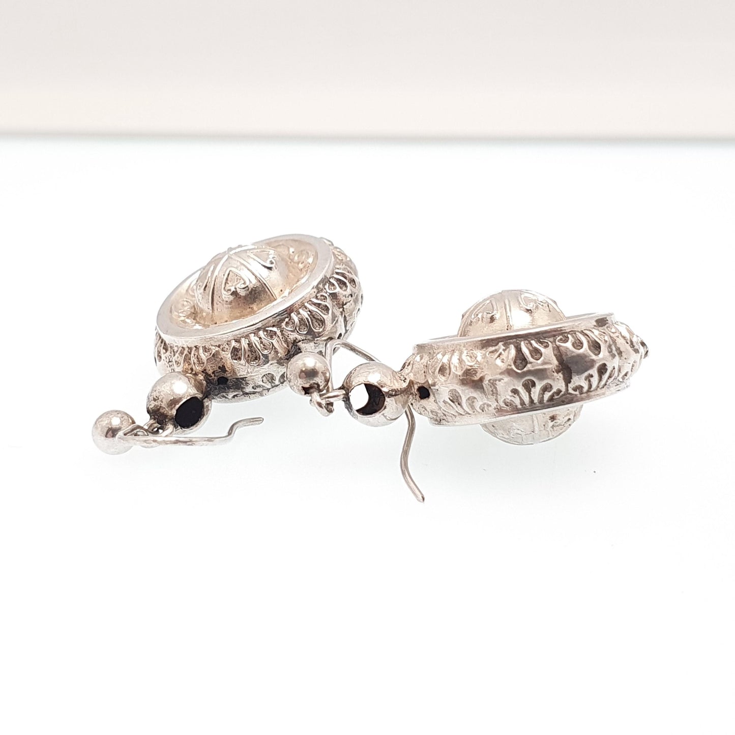 Antique Solid Silver Victorian Earrings Etruscan Centre Hook Dangle Aesthetic Drop Genuine 1800s Womens Vintage Jewelry Jewellery