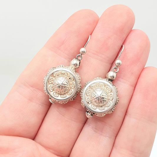 Antique Solid Silver Victorian Earrings Etruscan Centre Hook Dangle Aesthetic Drop Genuine 1800s Womens Vintage Jewelry Jewellery