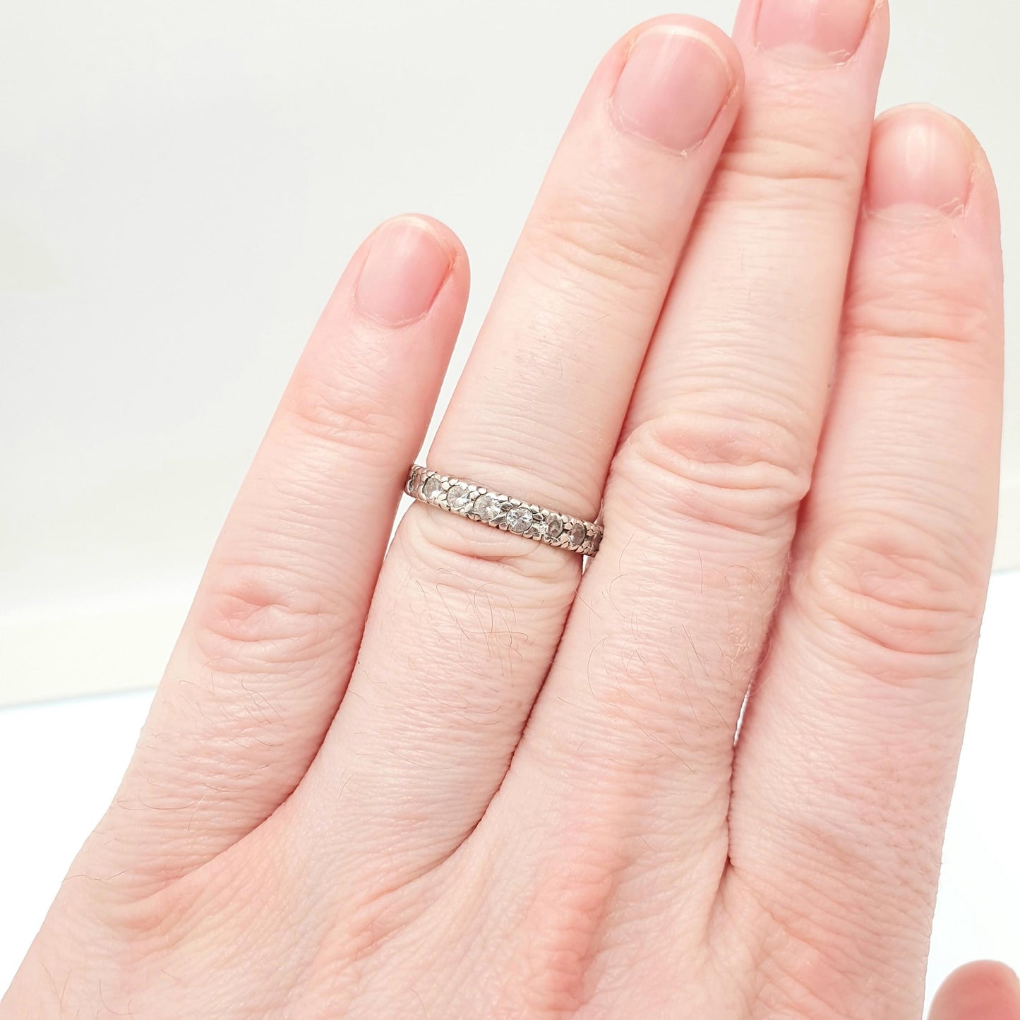 Antique Solid Silver Eternity Ring White Quartz Gemstone Art Deco 1920s Full Band Stacker Stacking Vintage Jewelry Jewellery