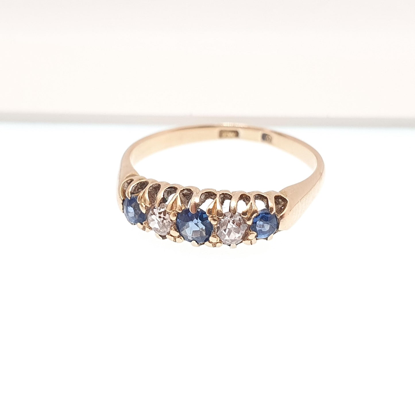 Antique 18ct Gold Sapphire & Diamond Ring Solid 18k 750 Five Gemstone Edwardian Vintage Jewelry Jewellery