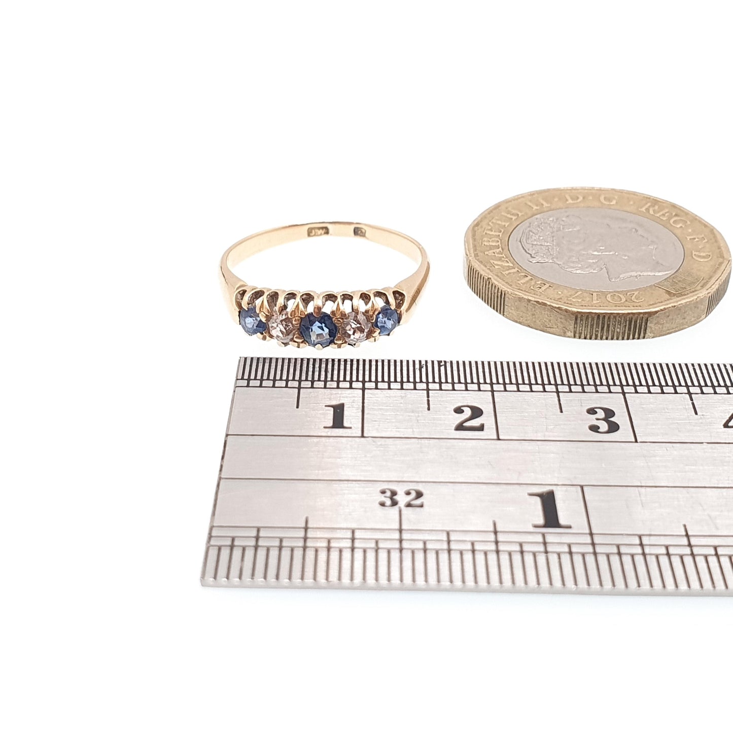 Antique 18ct Gold Sapphire & Diamond Ring Solid 18k 750 Five Gemstone Edwardian Vintage Jewelry Jewellery