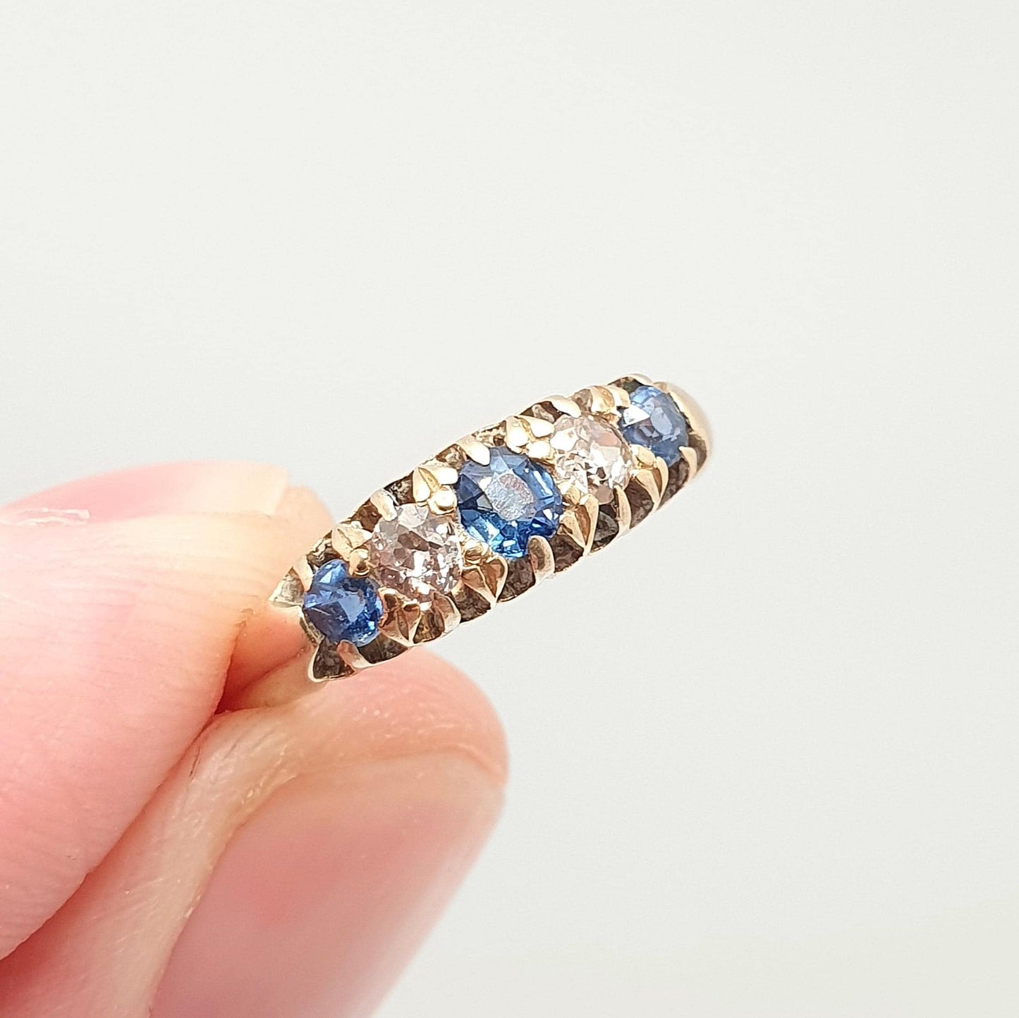 Antique 18ct Gold Sapphire & Diamond Ring Solid 18k 750 Five Gemstone Edwardian Vintage Jewelry Jewellery