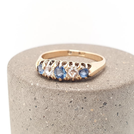 Antique 18ct Gold Sapphire & Diamond Ring Solid 18k 750 Five Gemstone Edwardian Vintage Jewelry Jewellery