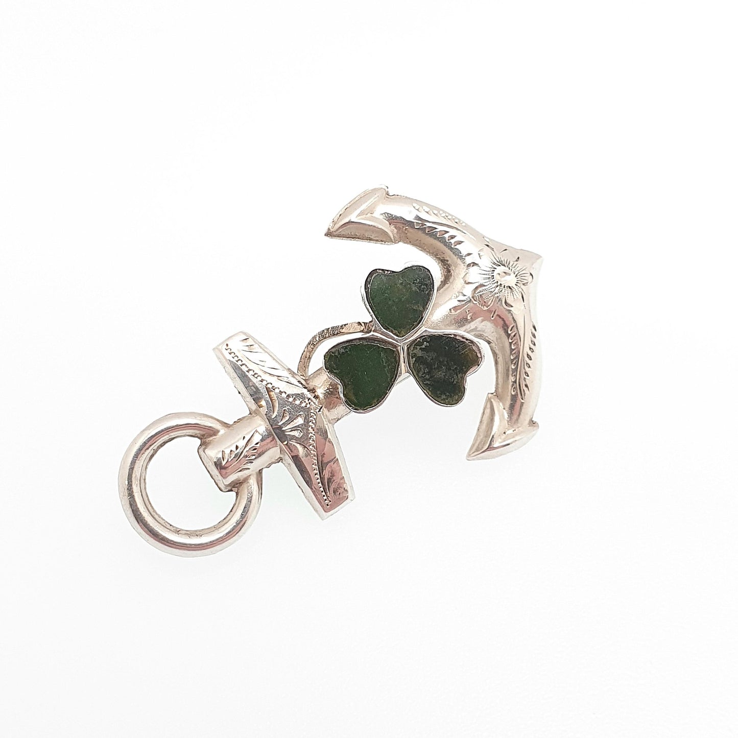 Antique Sterling Silver Clover & Anchor Brooch Pin Connemara Marble Hope Luck Sailing Boat Ship Jewelry Jewellery Vintage