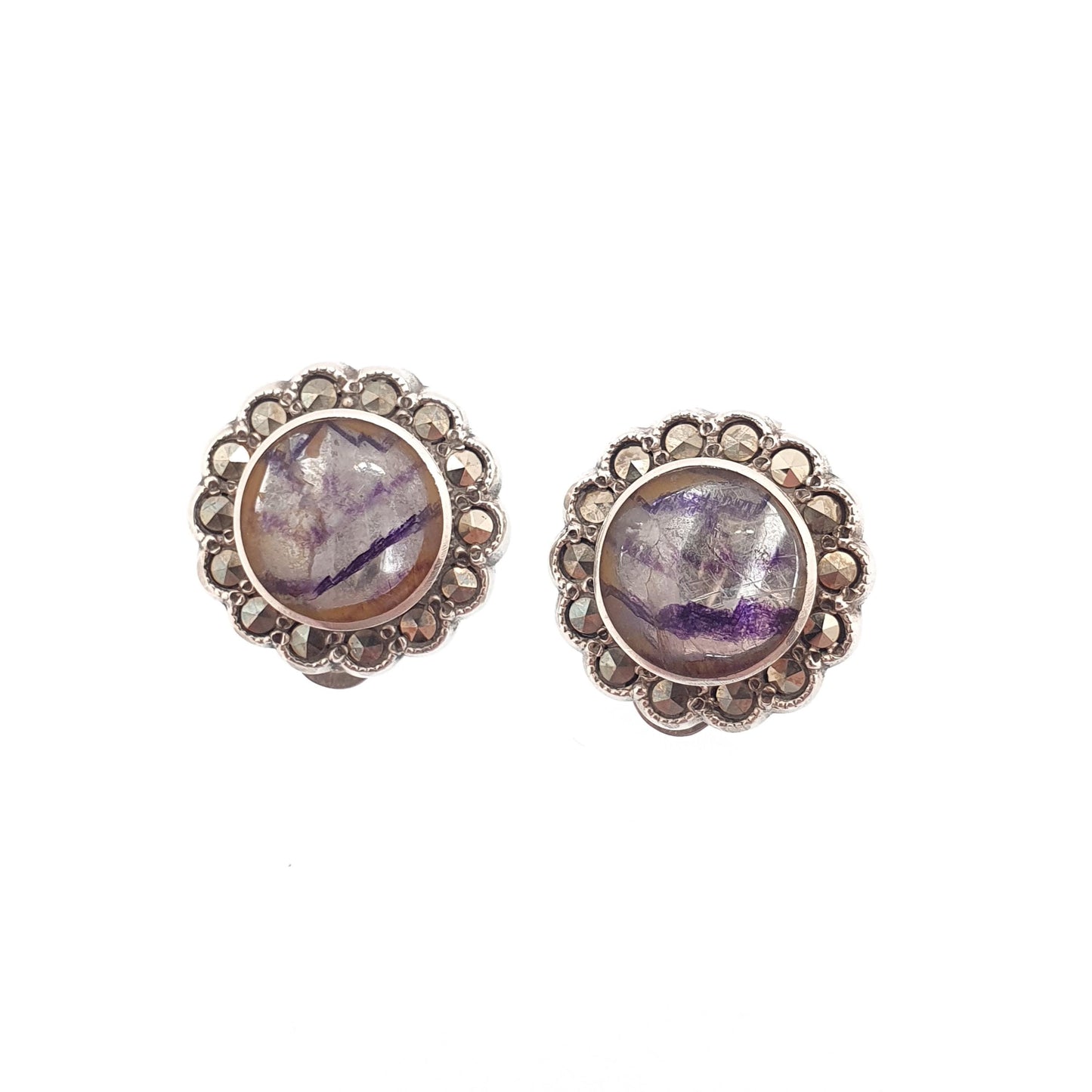 Antique Blue John Sterling Silver Earrings Art Deco Marcasite 1920s Clip On Bleu Jaune Womens Gemstone Jewelry Jewellery