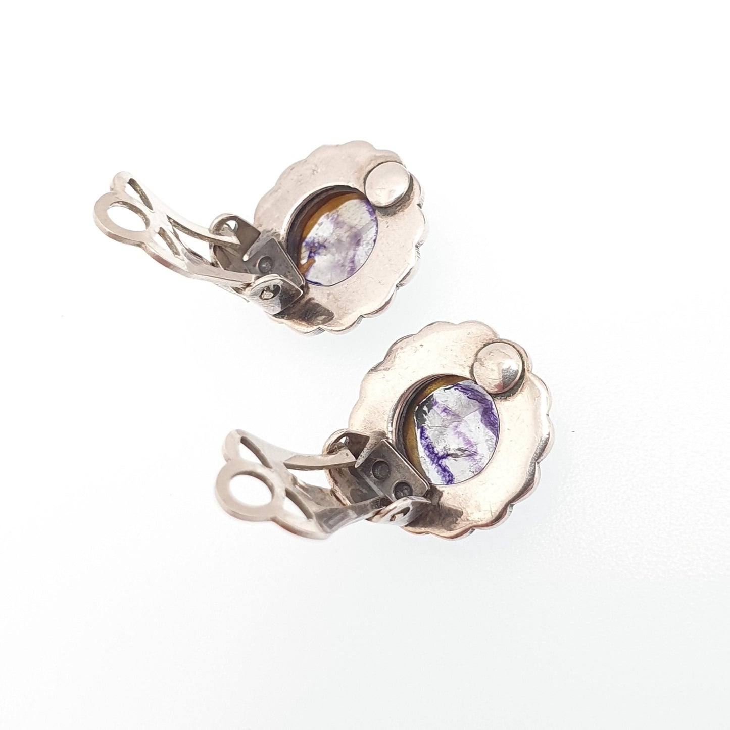 Antique Blue John Sterling Silver Earrings Art Deco Marcasite 1920s Clip On Bleu Jaune Womens Gemstone Jewelry Jewellery