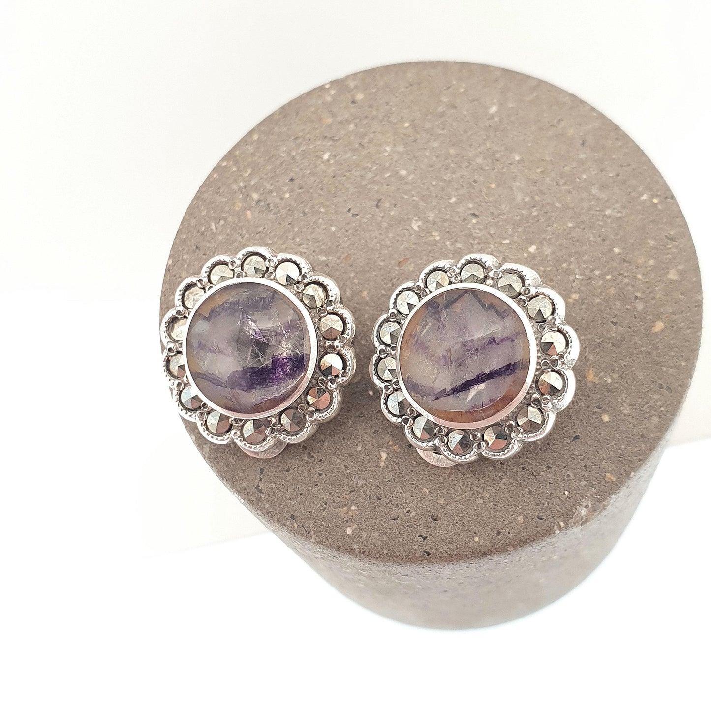 Antique Blue John Sterling Silver Earrings Art Deco Marcasite 1920s Clip On Bleu Jaune Womens Gemstone Jewelry Jewellery