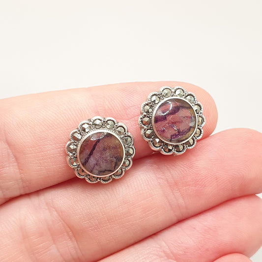 Antique Blue John Sterling Silver Earrings Art Deco Marcasite 1920s Clip On Bleu Jaune Womens Gemstone Jewelry Jewellery