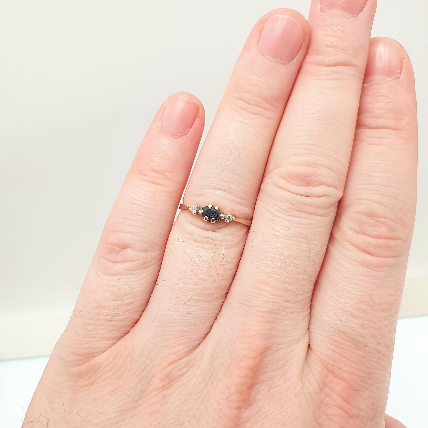 Vintage Diamond & Sapphire 9kt Gold Ring Solid 9ct 9k Marquise Cut Blue Gemstone Stacker Stacking Jewelry Jewellery