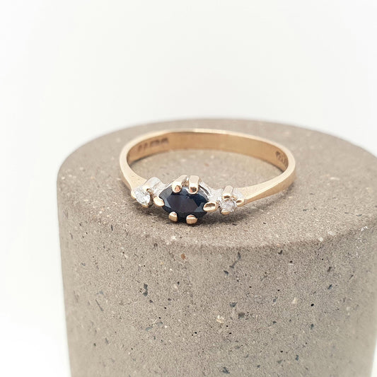 Vintage Diamond & Sapphire 9kt Gold Ring Solid 9ct 9k Marquise Cut Blue Gemstone Stacker Stacking Jewelry Jewellery