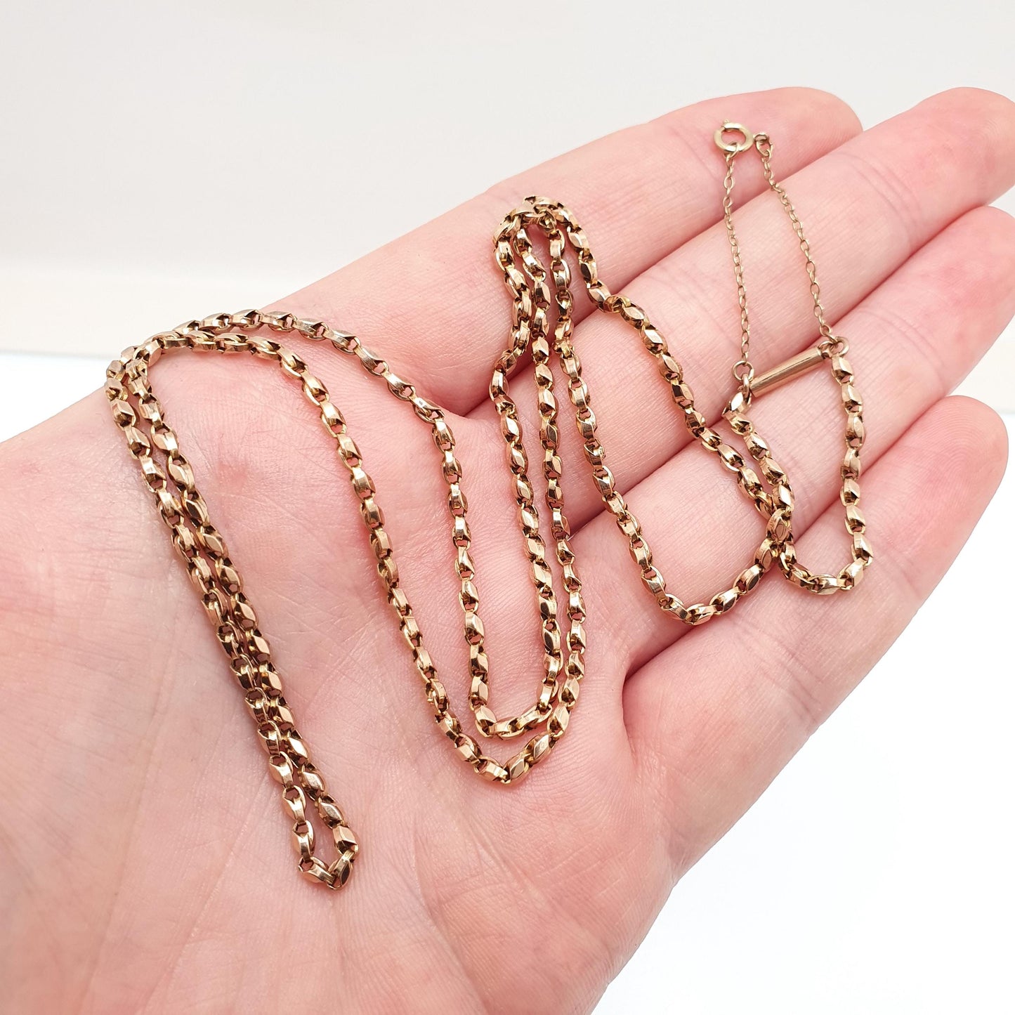 Antique Victorian 9ct 9k Rose Gold Tulip Link Chain Necklace Wheat Style Solid 9kt 66cm 25.9" 8.28g Vintage Jewelry Jewellery