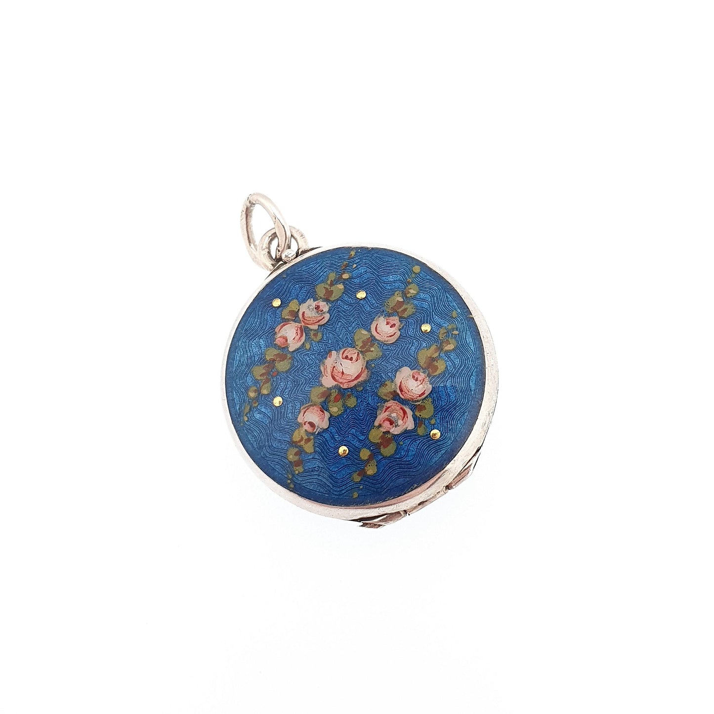 Antique Guilloche Enamel Solid Silver Locket Edwardian Rose Flower Blue Pendant Round Photo Picture Vintage Jewelry Jewelry