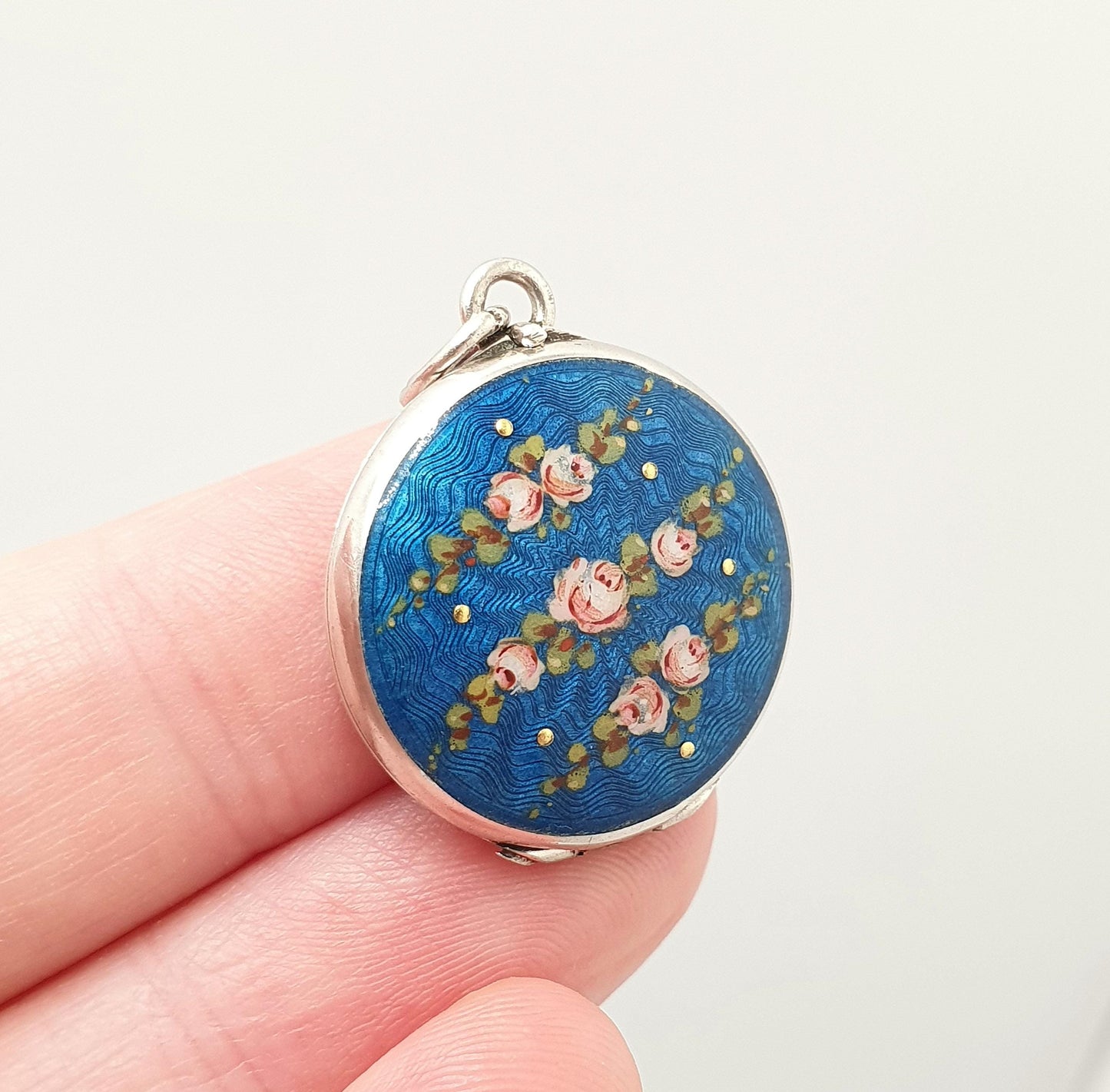 Antique Guilloche Enamel Solid Silver Locket Edwardian Rose Flower Blue Pendant Round Photo Picture Vintage Jewelry Jewelry