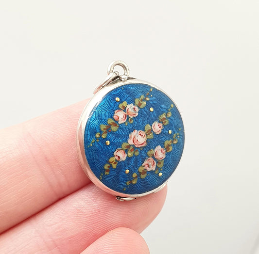 Antique Guilloche Enamel Solid Silver Locket Edwardian Rose Flower Blue Pendant Round Photo Picture Vintage Jewelry Jewelry