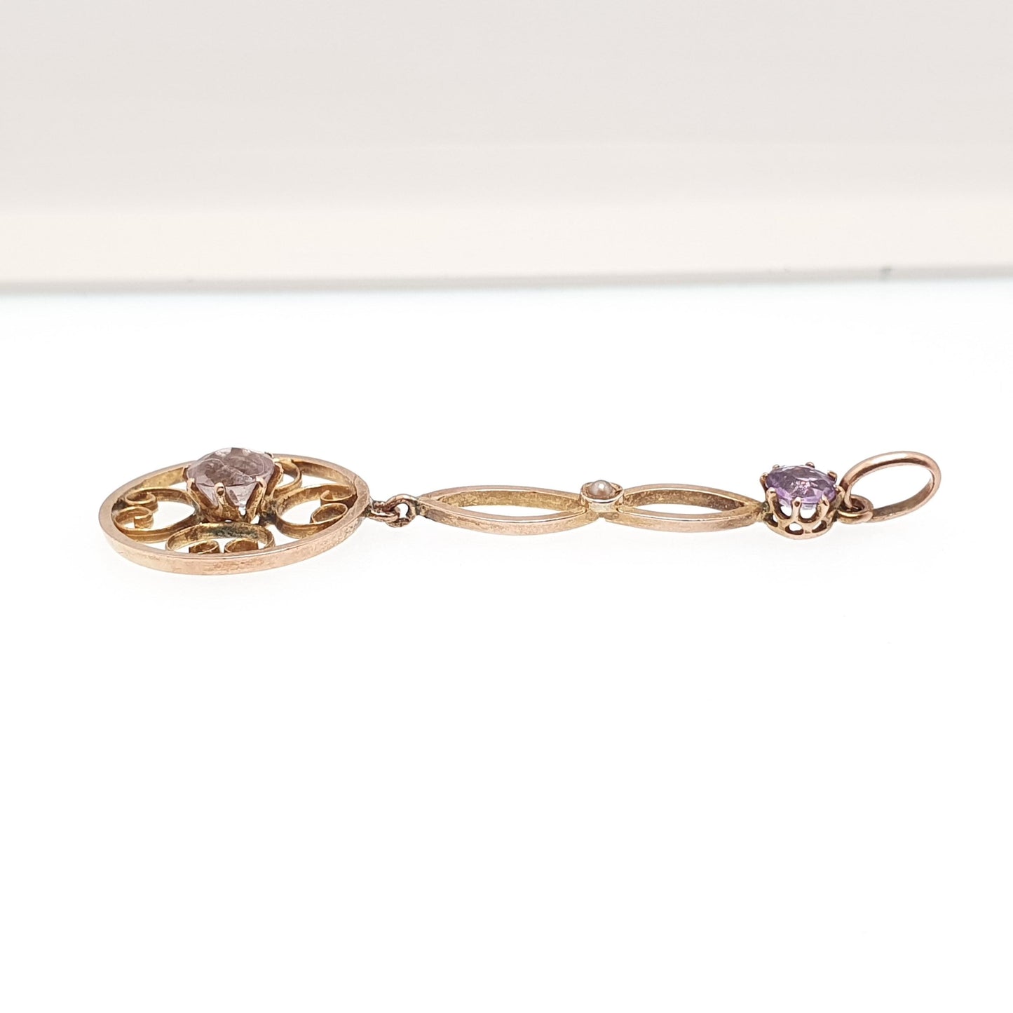 Antique 9ct 9k Gold Amethyst Paste Pendant Seed Pearl Necklace Target Drop Edwardian Openwork 1900s Vintage Jewellery Jewelry