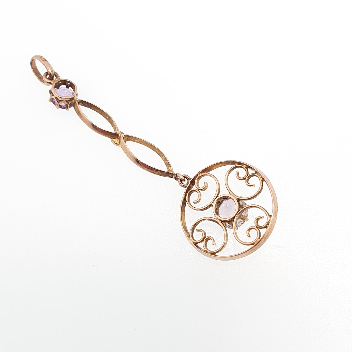 Antique 9ct 9k Gold Amethyst Paste Pendant Seed Pearl Necklace Target Drop Edwardian Openwork 1900s Vintage Jewellery Jewelry