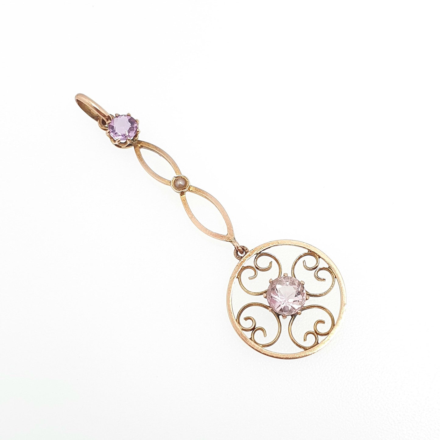 Antique 9ct 9k Gold Amethyst Paste Pendant Seed Pearl Necklace Target Drop Edwardian Openwork 1900s Vintage Jewellery Jewelry