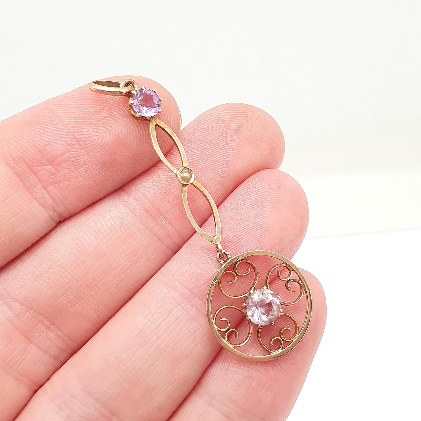 Antique 9ct 9k Gold Amethyst Paste Pendant Seed Pearl Necklace Target Drop Edwardian Openwork 1900s Vintage Jewellery Jewelry