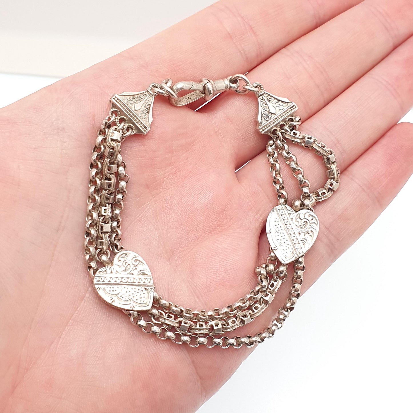 Antique Victorian Sterling Silver Albertina Bracelet Heart Belcher Link Engraved Chain 16.55g 21cm Aesthetic Vintage Gift Jewelry Jewellery