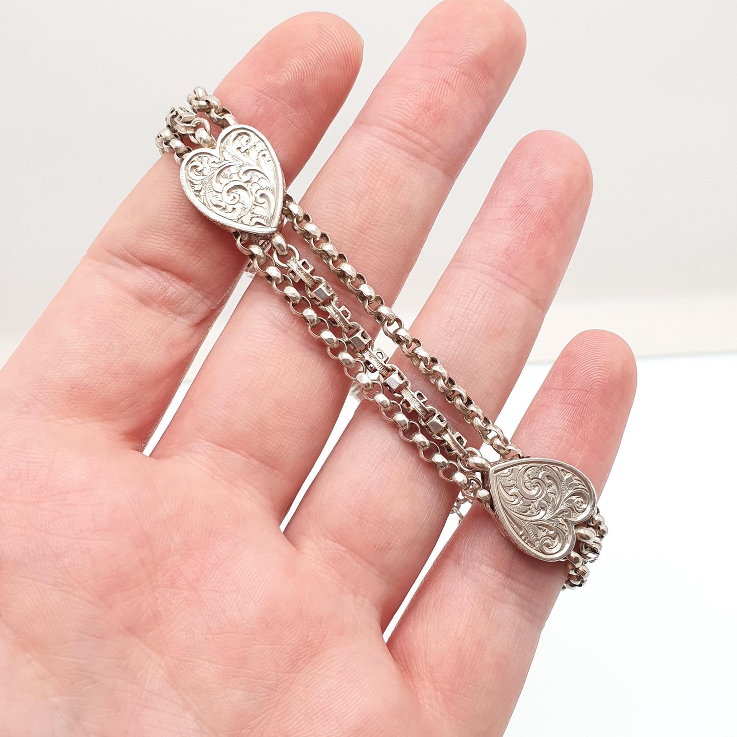 Antique Victorian Sterling Silver Albertina Bracelet Heart Belcher Link Engraved Chain 16.55g 21cm Aesthetic Vintage Gift Jewelry Jewellery