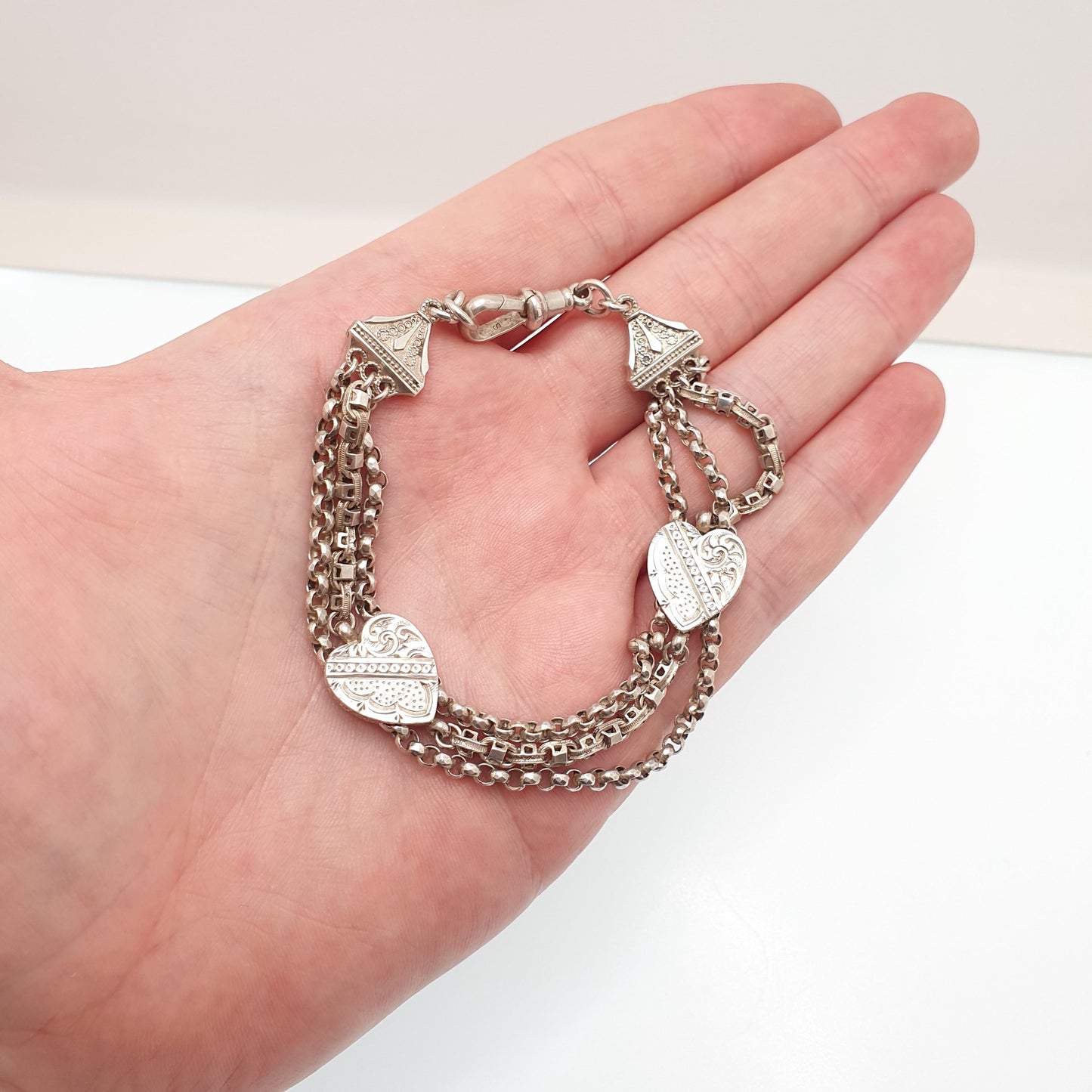 Antique Victorian Sterling Silver Albertina Bracelet Heart Belcher Link Engraved Chain 16.55g 21cm Aesthetic Vintage Gift Jewelry Jewellery