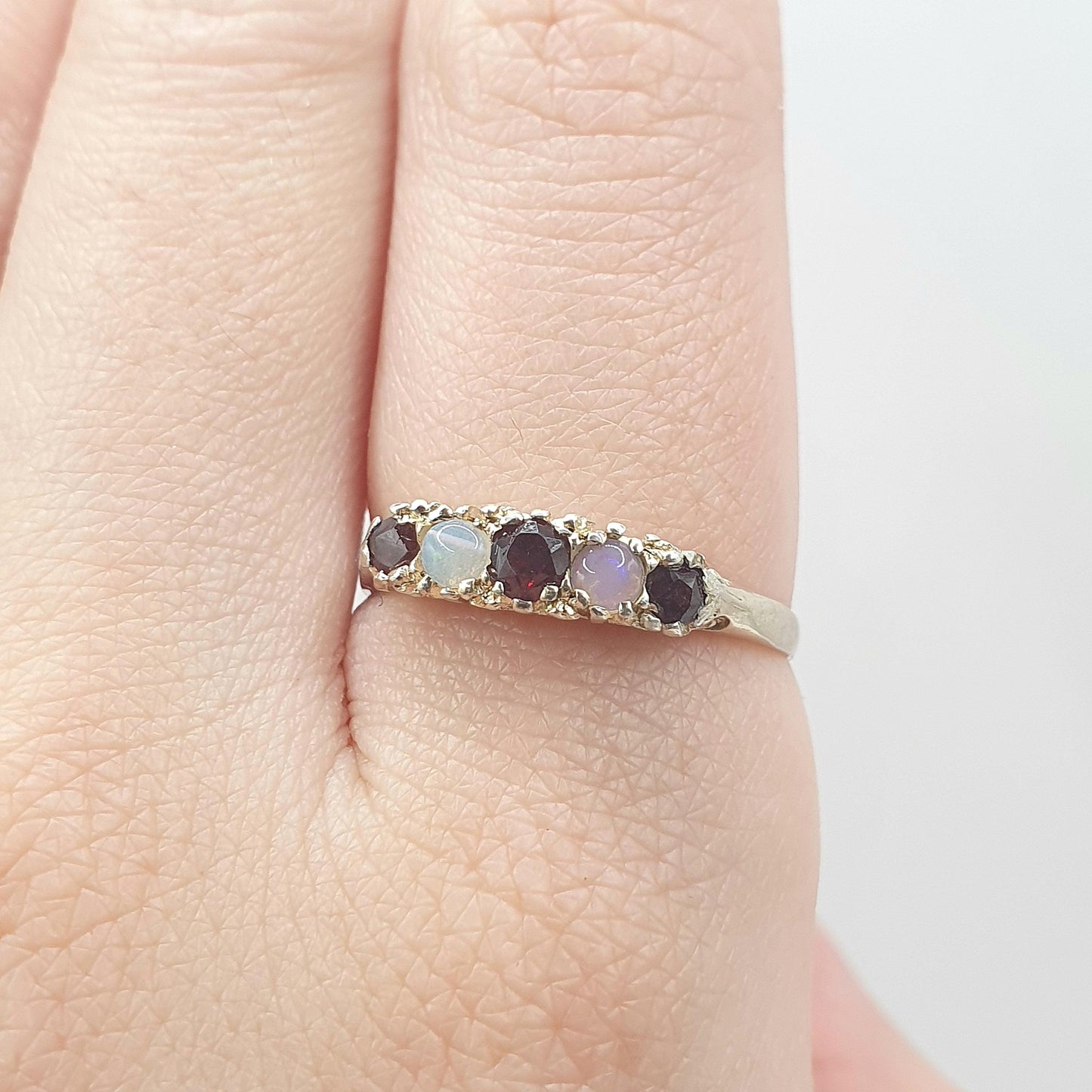Vintage Gold on Sterling Silver Opal and Garnet Ring Gypsy 5 Stone Sparkly Retro Womens Girls Jewelry Jewellery