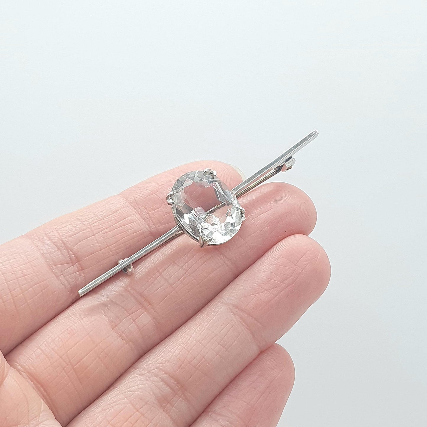 Antique Solid Silver Rock Crystal Quartz Brooch Oval Cut Genuine White Gemstone Womens Jewelry Jewellery Vintage