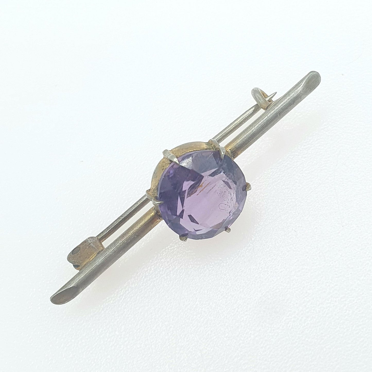 Antique Victorian Natural Amethyst Brooch Pin Round Cut Gold Gilt Base Metal Vintage 1800s Lilac Purple Womens Jewelry