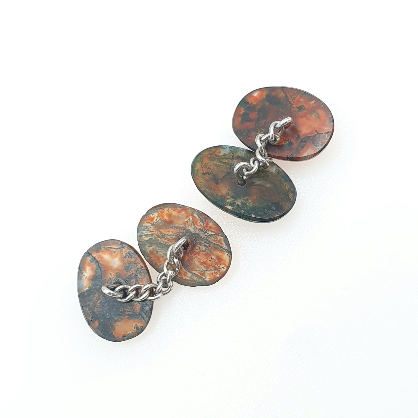Antique Victorian Moss Agate Solid Silver Cuff Links Genuine Gemstone Quartz Oval and Chain Mens Vintage Unisex Jewelry Jewellery