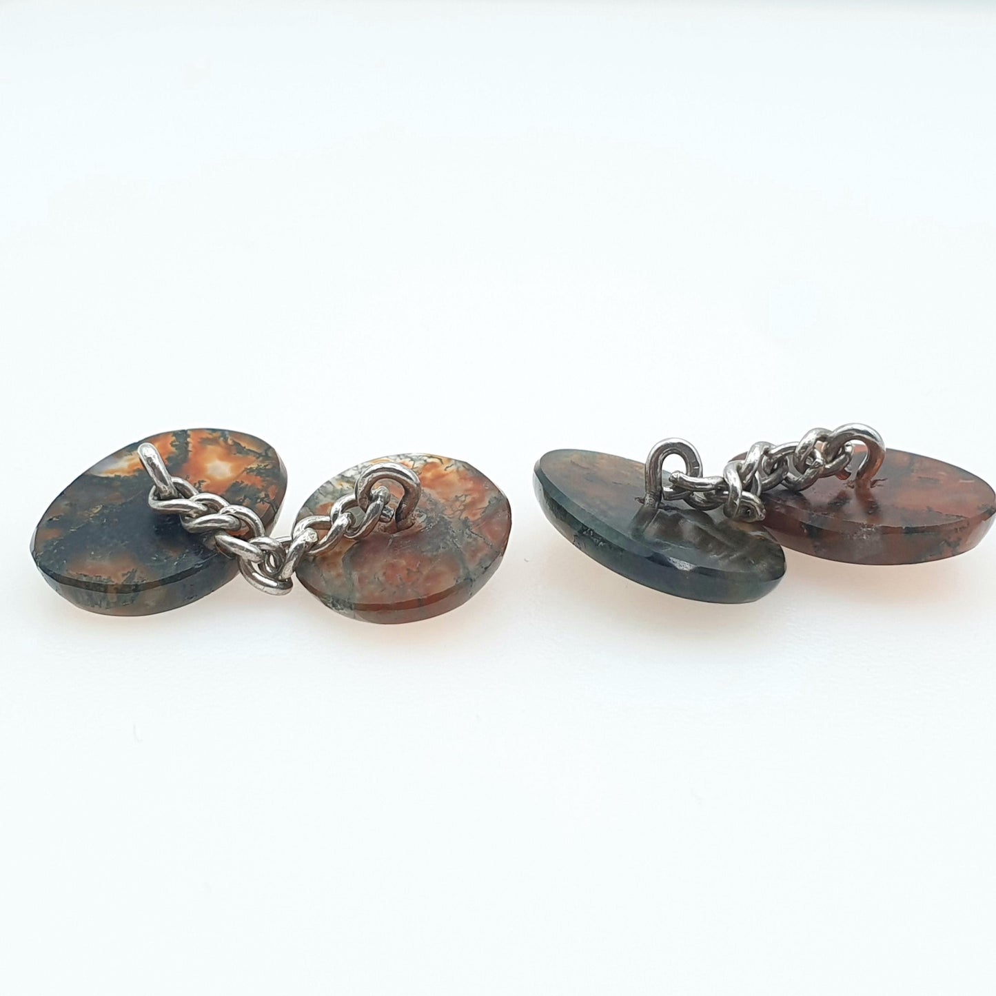 Antique Victorian Moss Agate Solid Silver Cuff Links Genuine Gemstone Quartz Oval and Chain Mens Vintage Unisex Jewelry Jewellery
