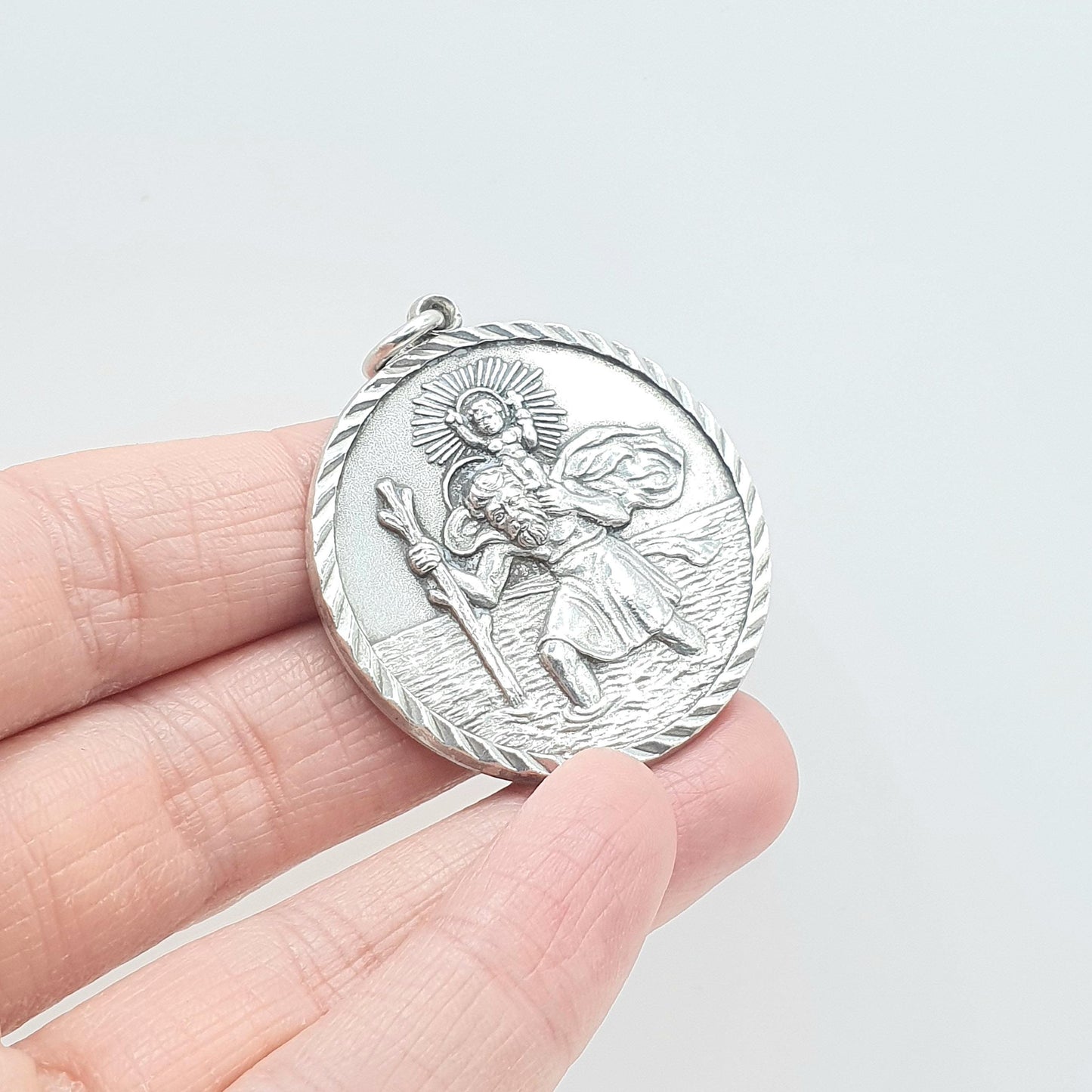Vintage Sterling Silver Very Large St Christopher Pendant Necklace Huge Massive Heavy Travel Jewellery Jewelry Men Women Unisex